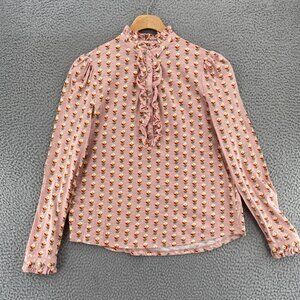 Boden Top Womens 6 Blush Pink Floral 1/2 Button Ruffle Long Sleeve Jersey Knit